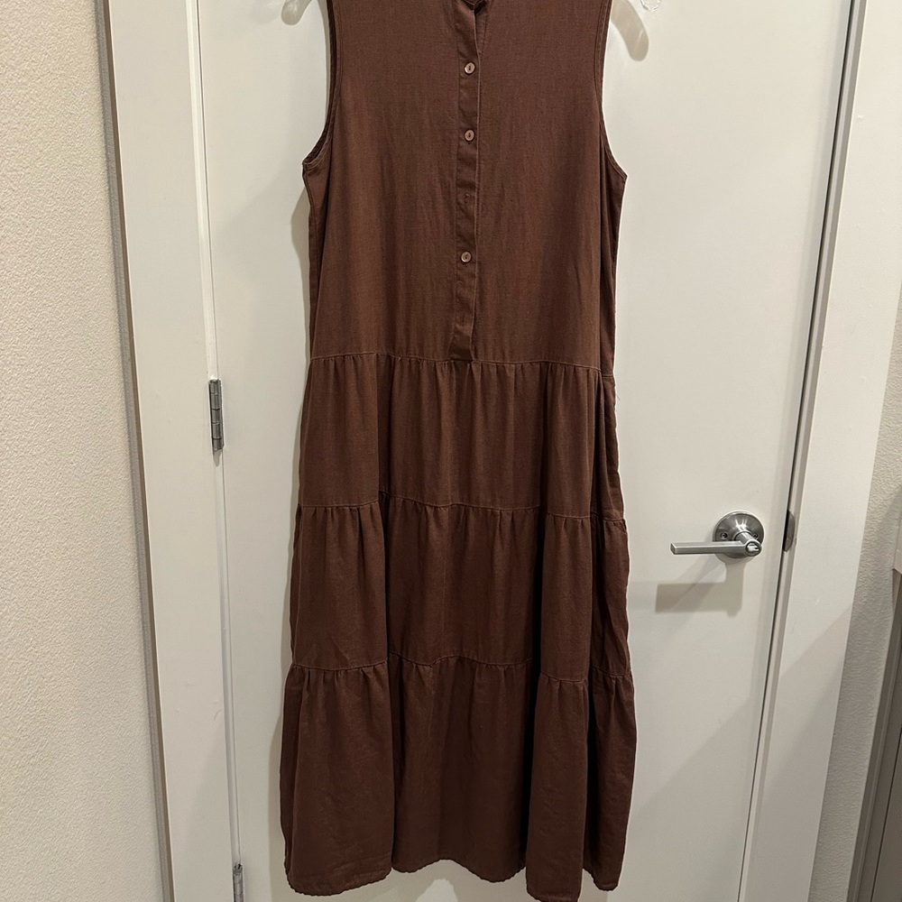 Sleeveless Brown Linen Tiered Dress